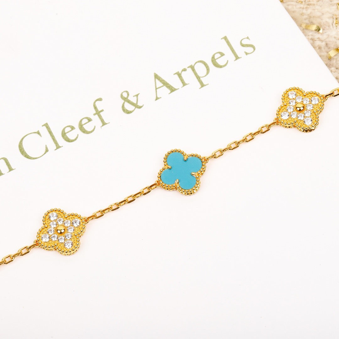 [CharmAmor]CLOVER 5 MOTIF TURQUOISE DIAMOND GOLD BRACELET
