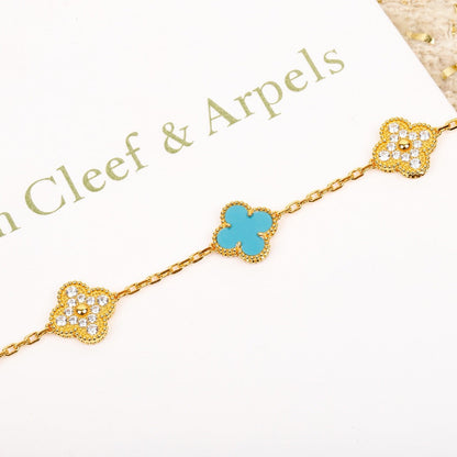 [CharmAmor]CLOVER 5 MOTIF TURQUOISE DIAMOND GOLD BRACELET