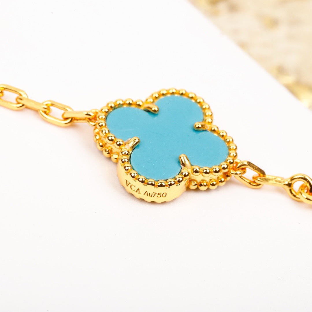 [CharmAmor]CLOVER 5 MOTIF TURQUOISE DIAMOND GOLD BRACELET