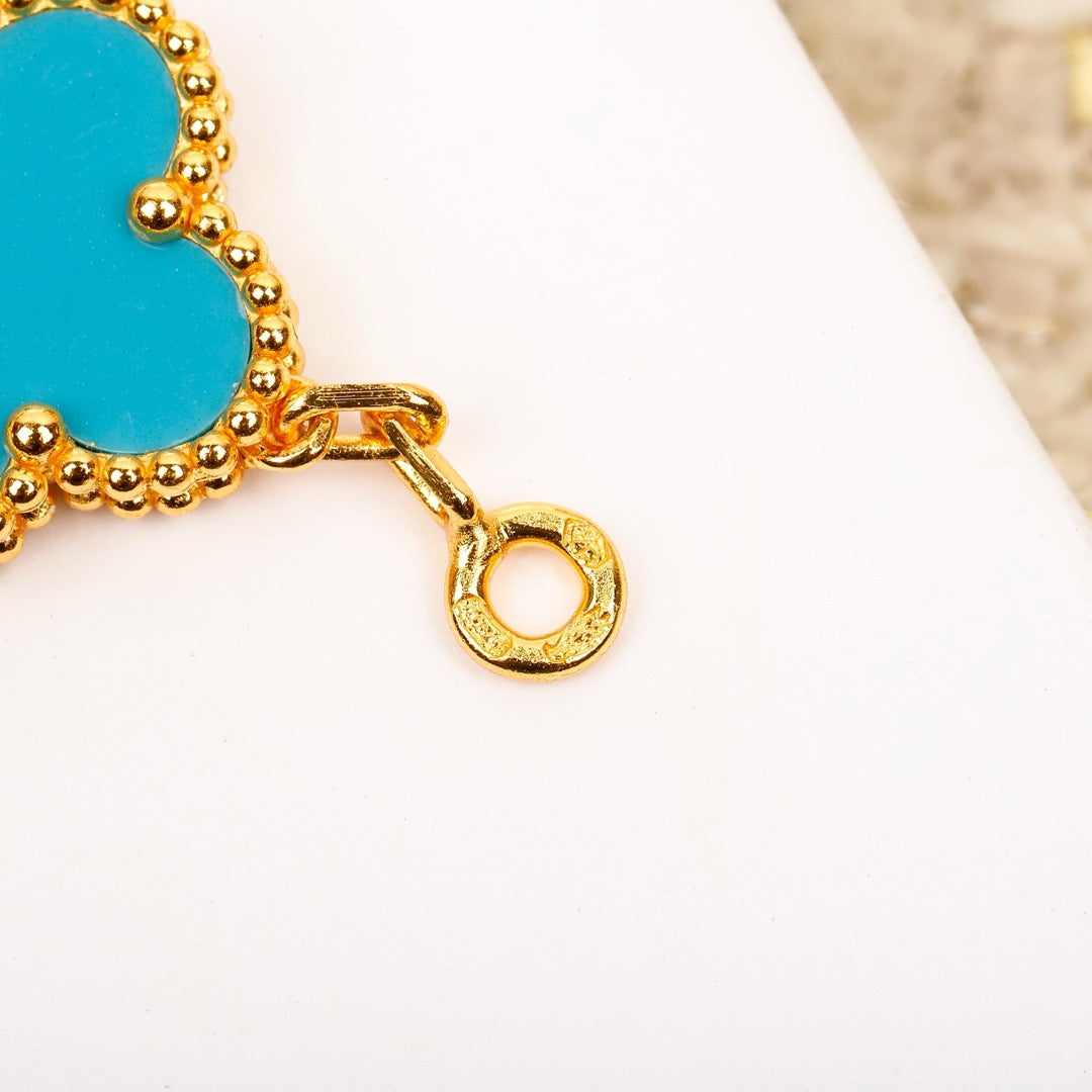 [CharmAmor]CLOVER 5 MOTIF TURQUOISE DIAMOND GOLD BRACELET