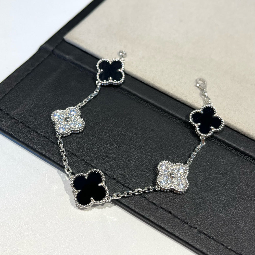 [CharmAmor]CLOVER 5 MOTIF ONYXS DIAMOND BRACELET SILVER