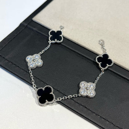 [CharmAmor]CLOVER 5 MOTIF ONYXS DIAMOND BRACELET SILVER