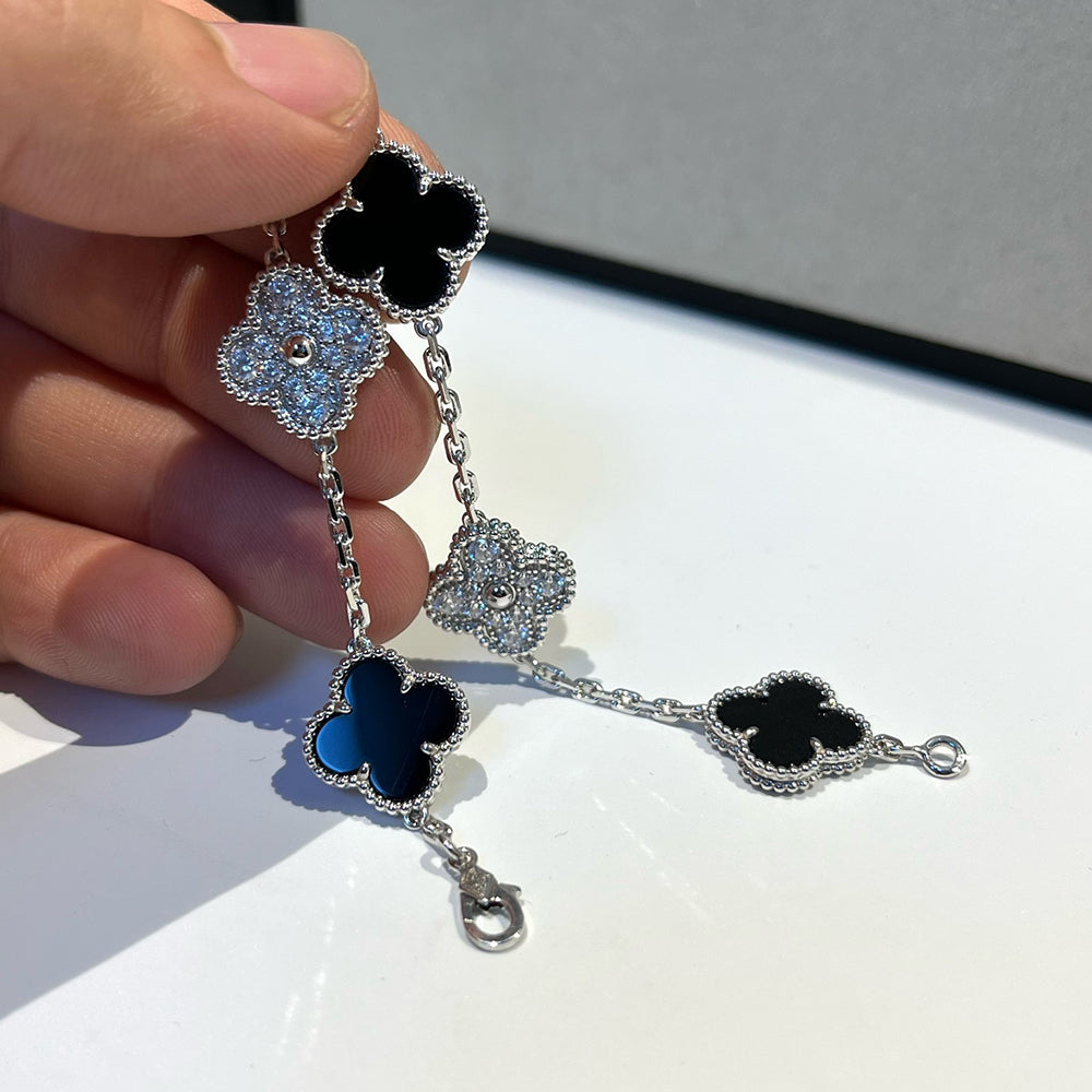 [CharmAmor]CLOVER 5 MOTIF ONYXS DIAMOND BRACELET SILVER