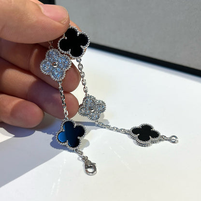 [CharmAmor]CLOVER 5 MOTIF ONYXS DIAMOND BRACELET SILVER