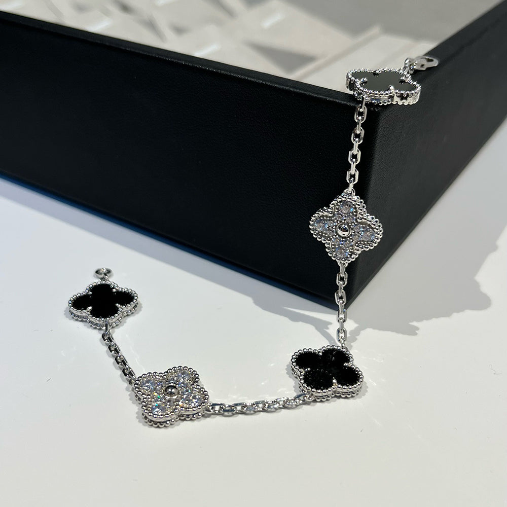 [CharmAmor]CLOVER 5 MOTIF ONYXS DIAMOND BRACELET SILVER