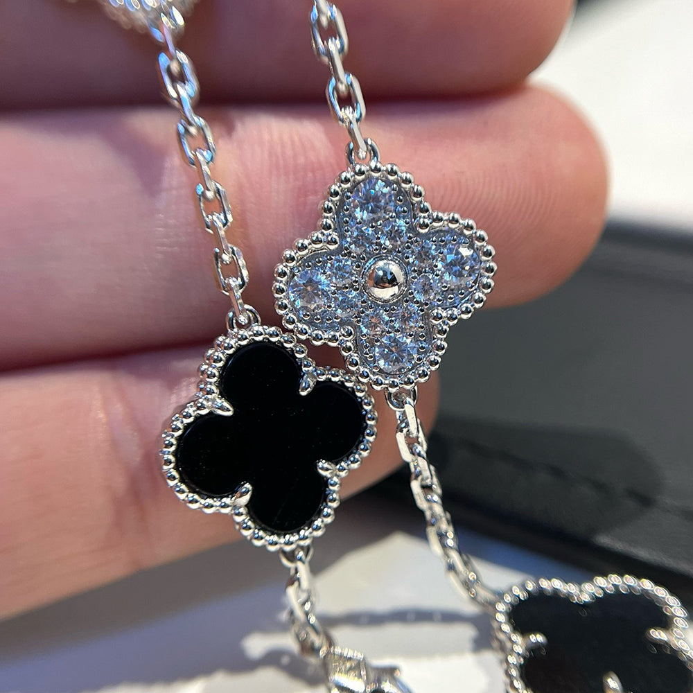 [CharmAmor]CLOVER 5 MOTIF ONYXS DIAMOND BRACELET SILVER