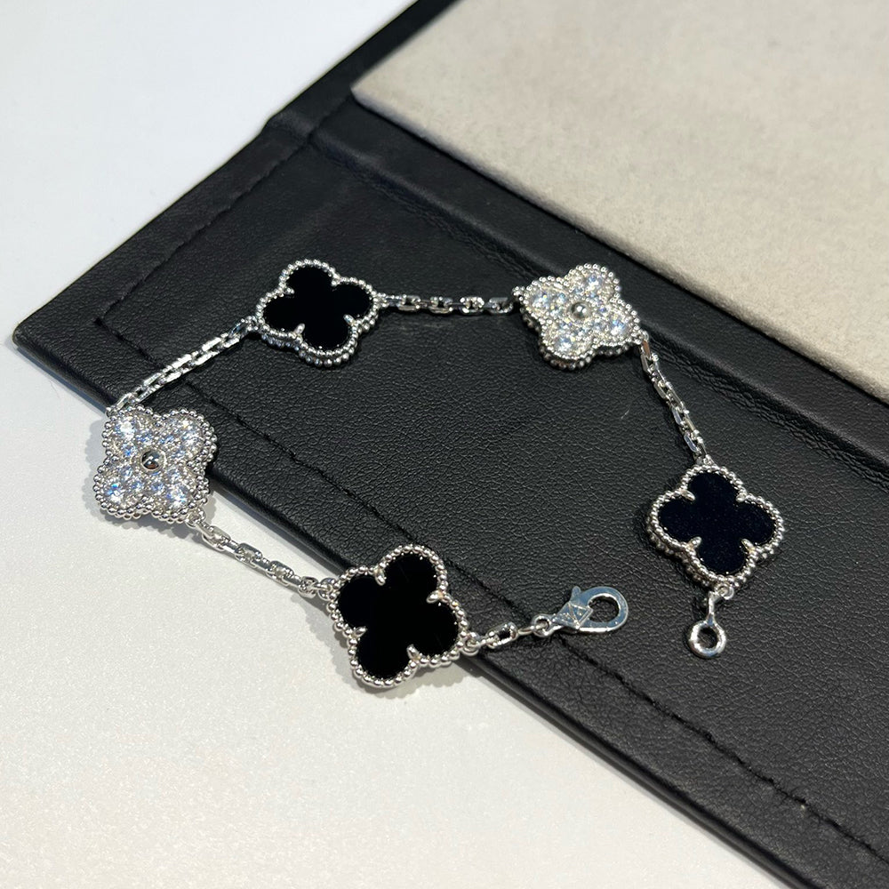 [CharmAmor]CLOVER 5 MOTIF ONYXS DIAMOND BRACELET SILVER