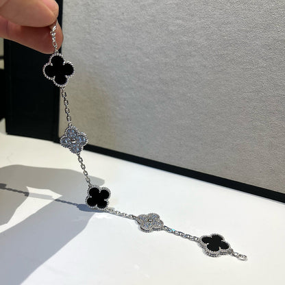 [CharmAmor]CLOVER 5 MOTIF ONYXS DIAMOND BRACELET SILVER