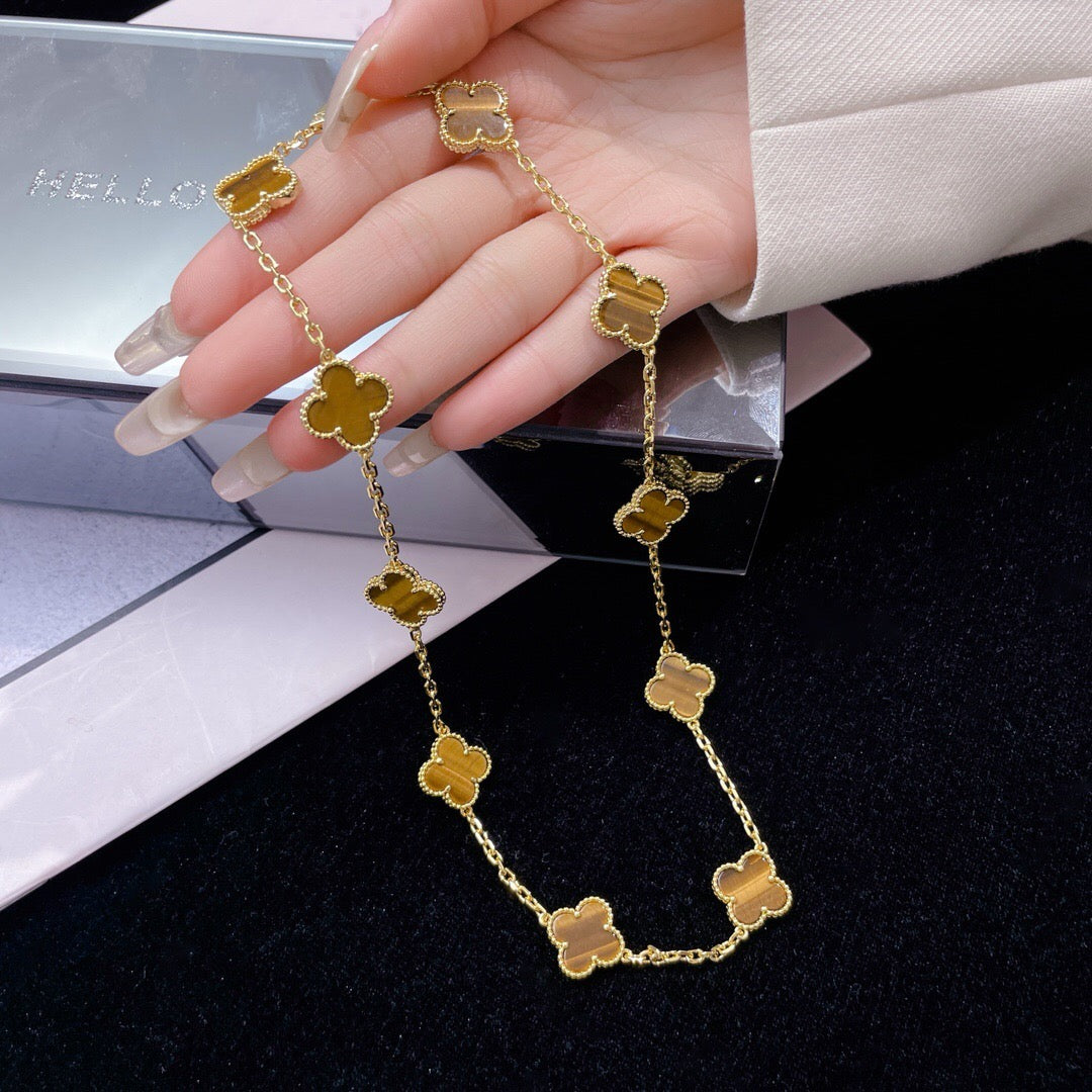 [CharmAmor]CLOVER 10 MOTIFS TIGER EYE NECKLACE
