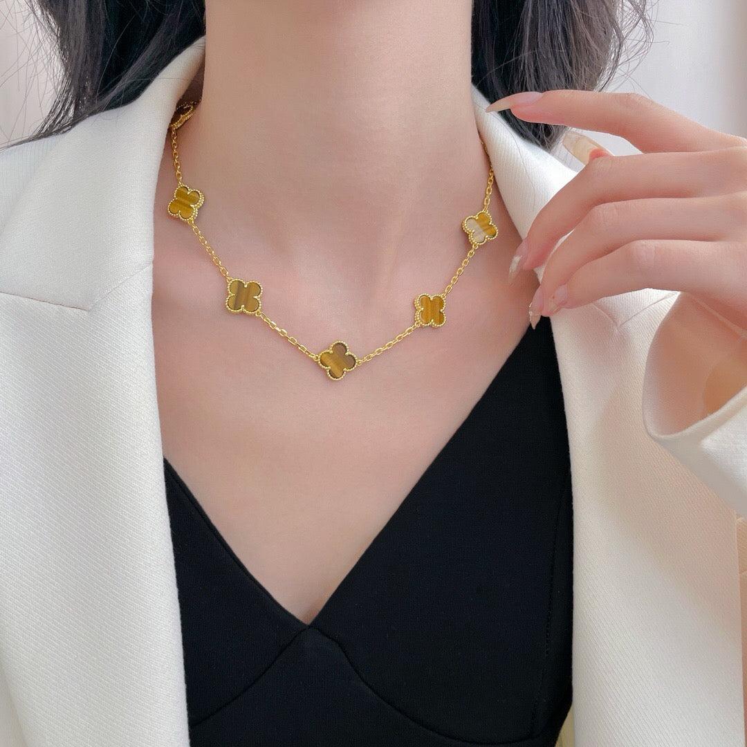 [CharmAmor]CLOVER 10 MOTIFS TIGER EYE NECKLACE