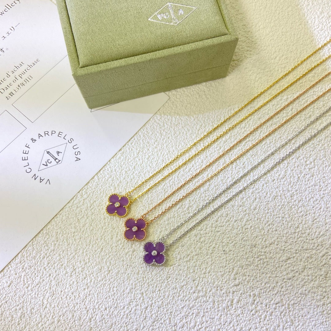 [CharmAmor]CLOVER 15MM DIAMOND  PURPLE VIOLET NECKLACE