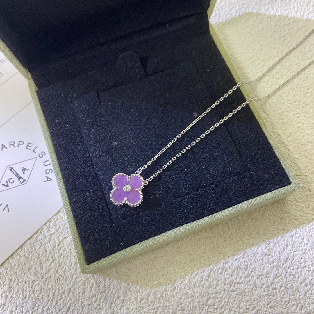 [CharmAmor]CLOVER 15MM DIAMOND  PURPLE VIOLET NECKLACE