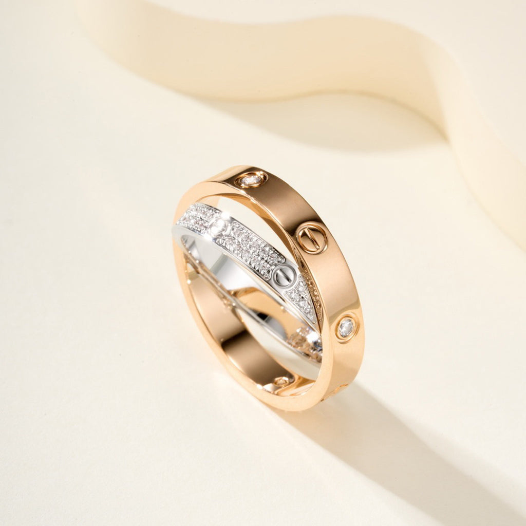 [CharmAmor]LOVE PINK GOLD SILVER DIAMOND DOUBLE RING