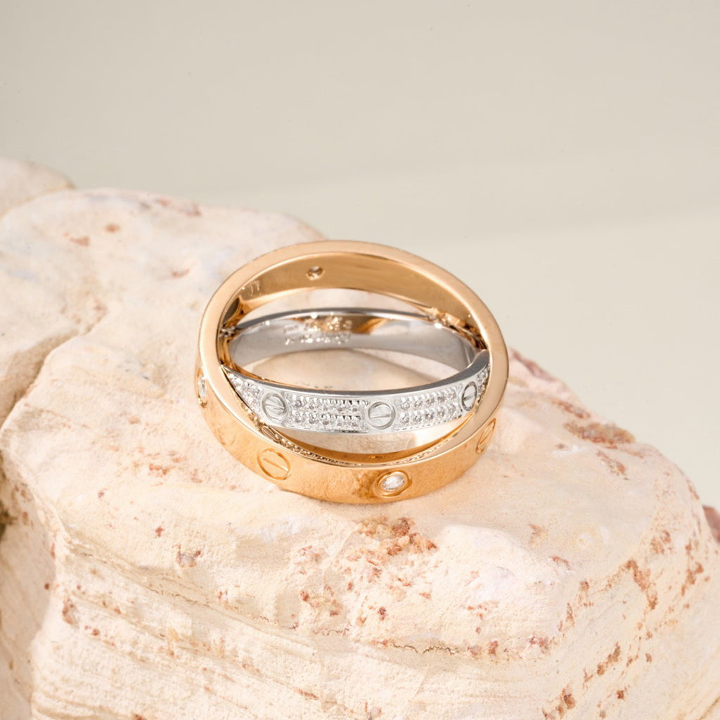 [CharmAmor]LOVE PINK GOLD SILVER DIAMOND DOUBLE RING