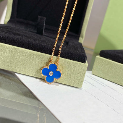 [CharmAmor]CLOVER 15MM DIAMOND AND BLUE AGATE NECKLACE