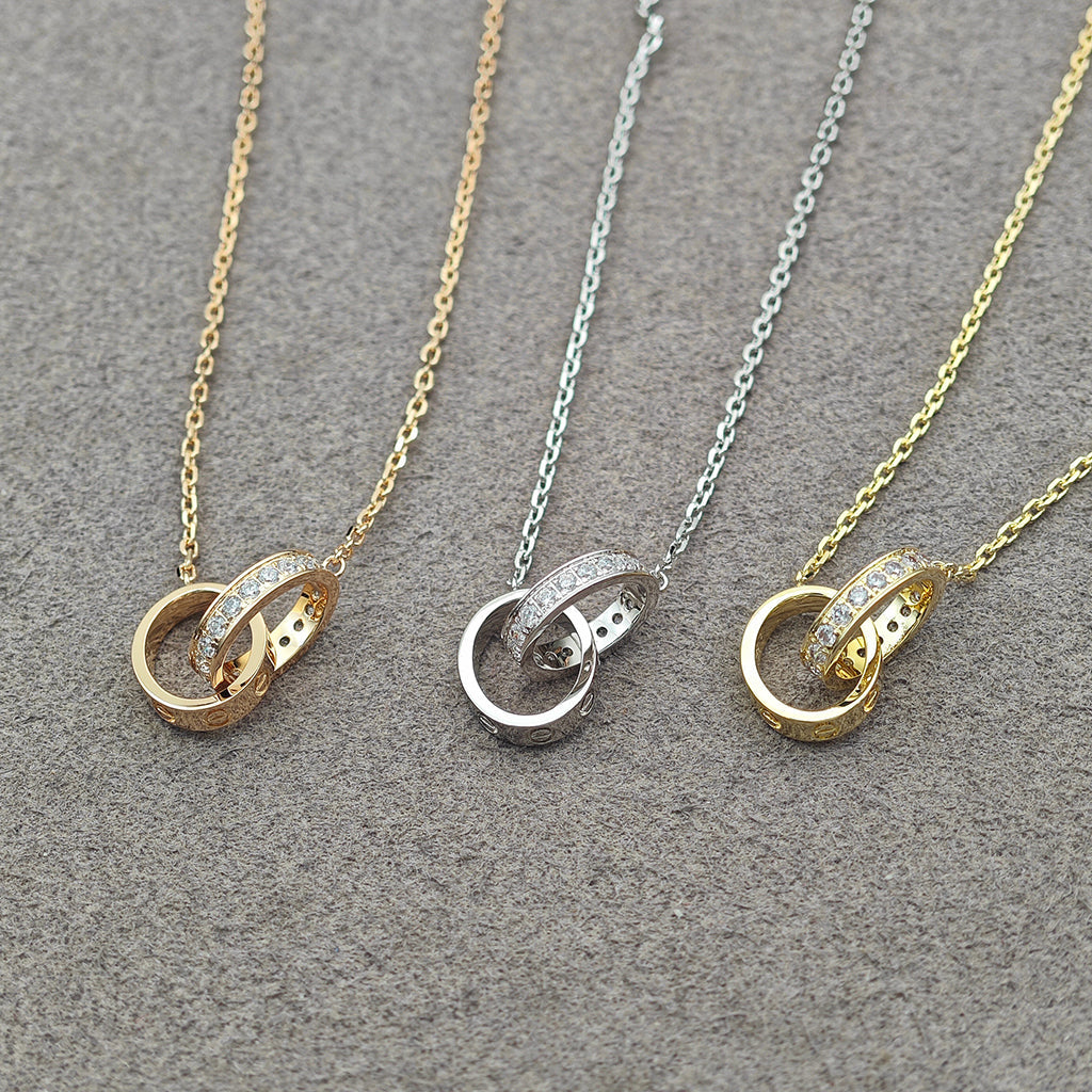 [CharmAmor]LOVE DOUBLE RING HALF DIAMOND NECKLACE