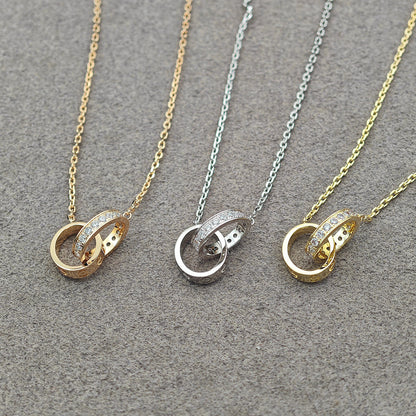[CharmAmor]LOVE DOUBLE RING HALF DIAMOND NECKLACE
