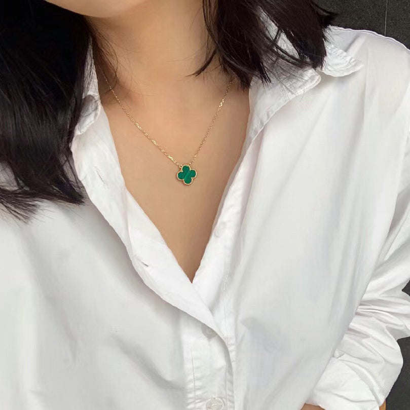 [CharmAmor]CLOVER 15MM MALACHITE SINGLE FLOWER  NECKLACE