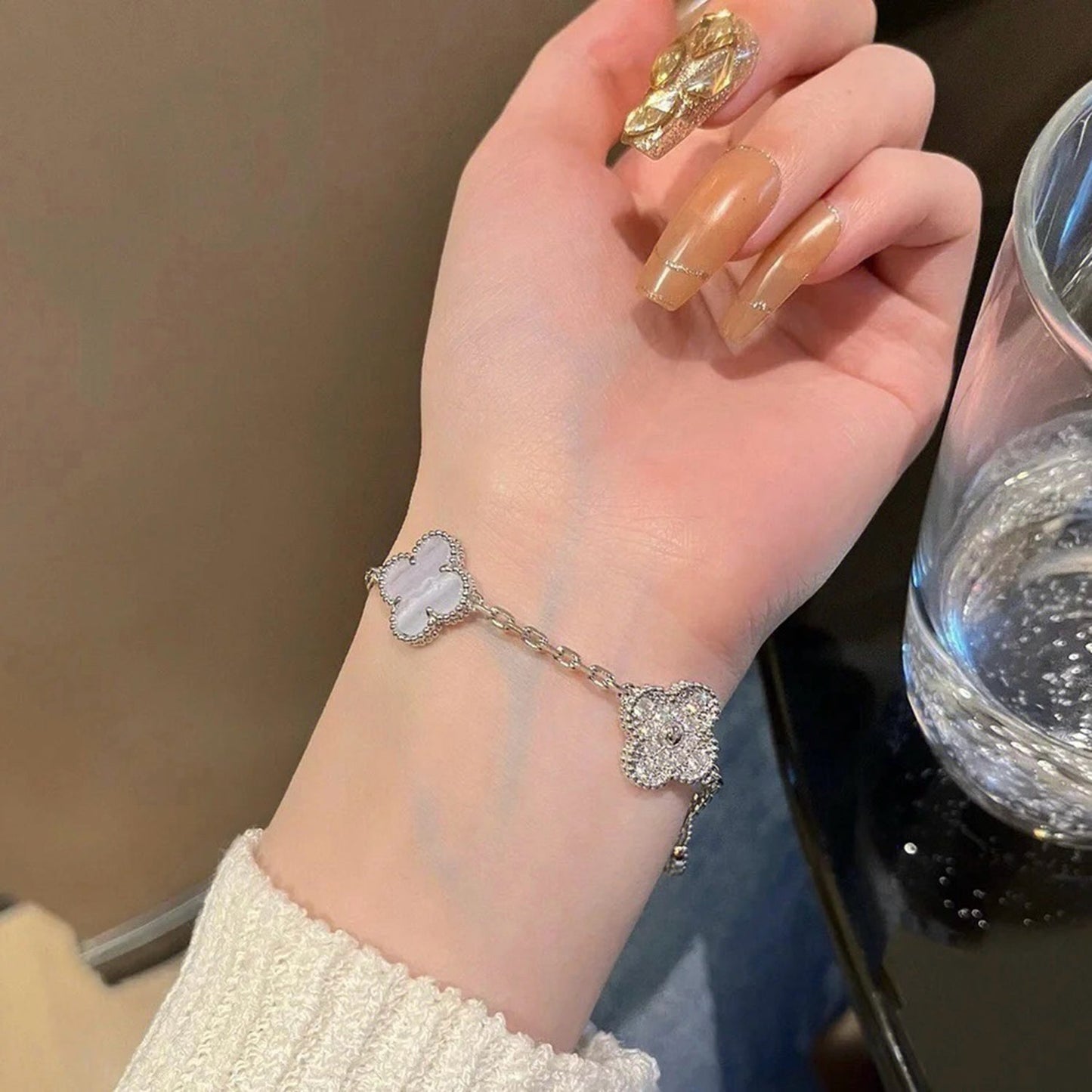 [CharmAmor]CLOVER  5 MOTIF DIAMOND PURPLE CHALCEDONY BRACELET SILVER