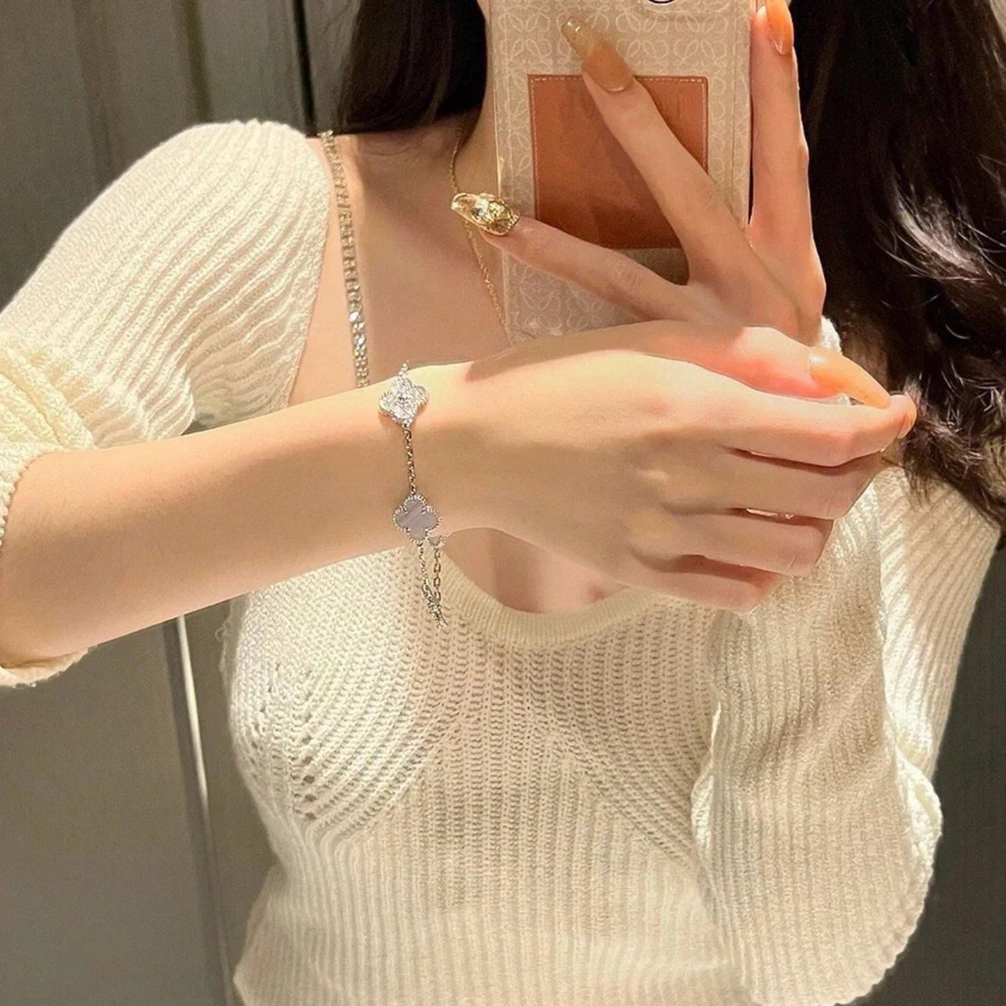 [CharmAmor]CLOVER  5 MOTIF DIAMOND PURPLE CHALCEDONY BRACELET SILVER