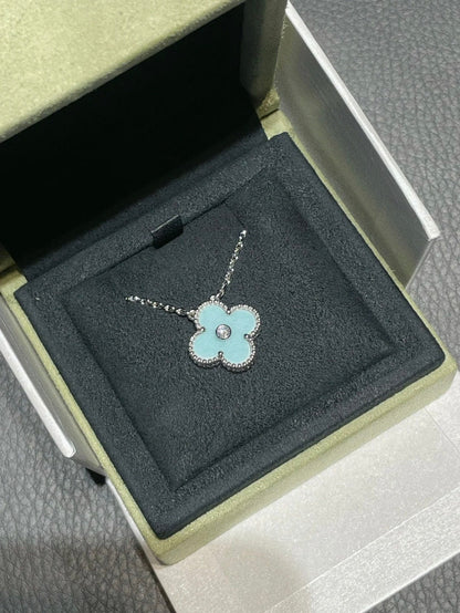 [CharmAmor]CLOVER 1 DIAMOND LIGHT BLUE SILVER NECKLACE