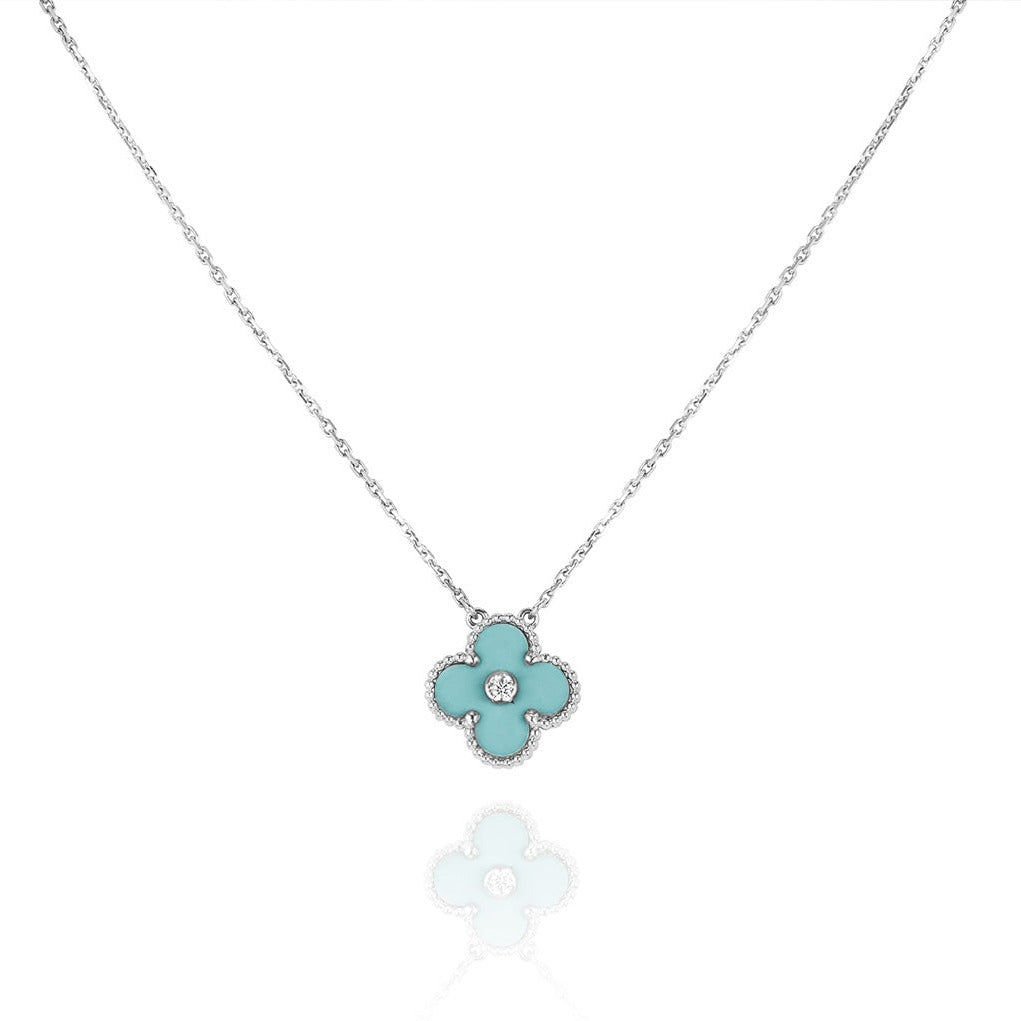 [CharmAmor]CLOVER 1 DIAMOND LIGHT BLUE SILVER NECKLACE