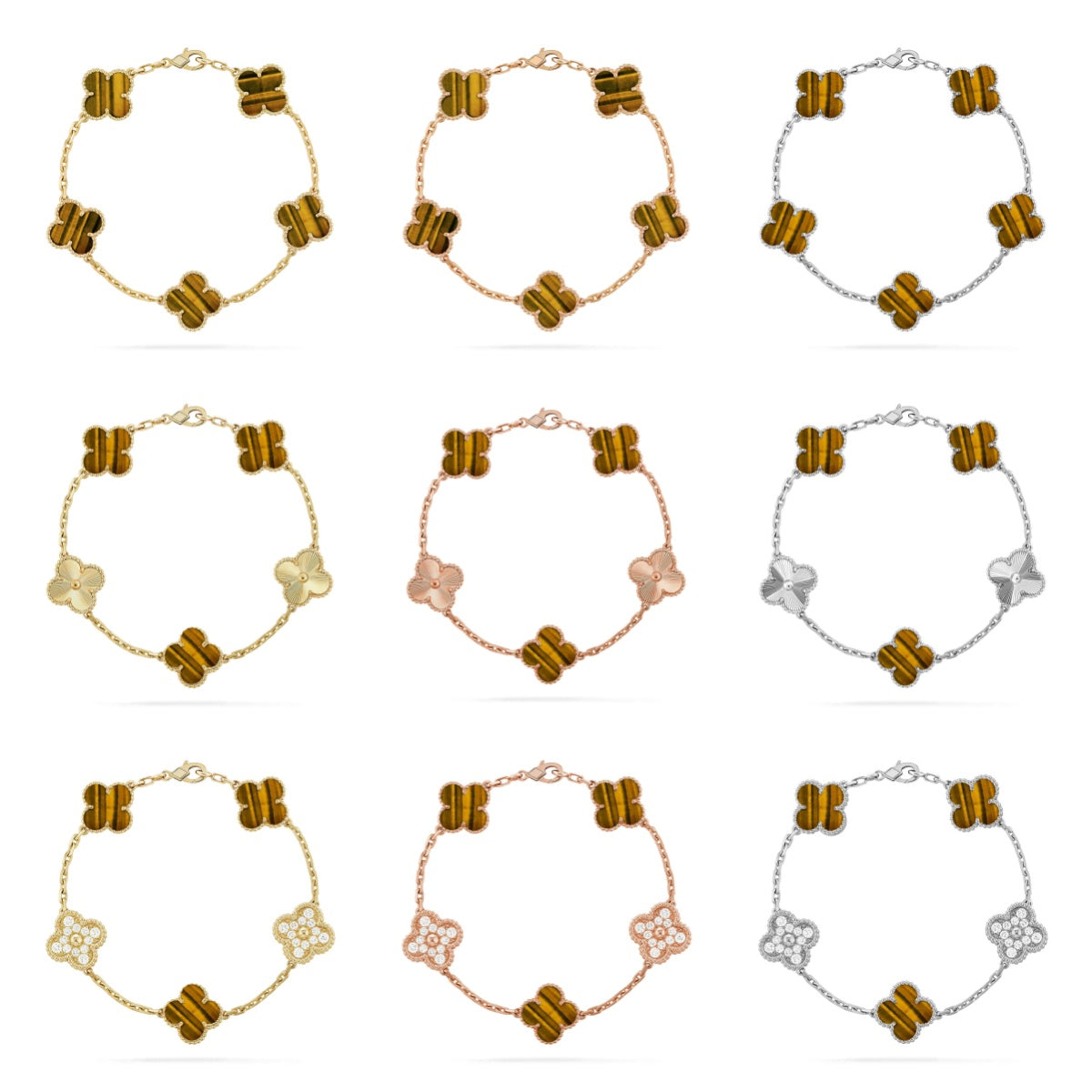 [CharmAmor] CLOVER 5 MOTIFS TIGER EYE BRACELET COLLECTION