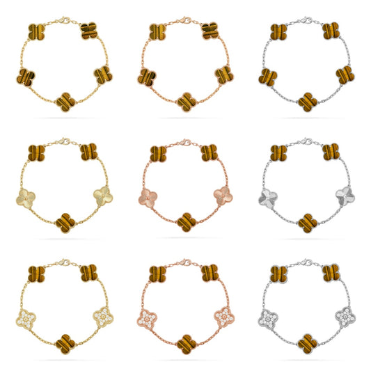 [CharmAmor] CLOVER 5 MOTIFS TIGER EYE BRACELET COLLECTION