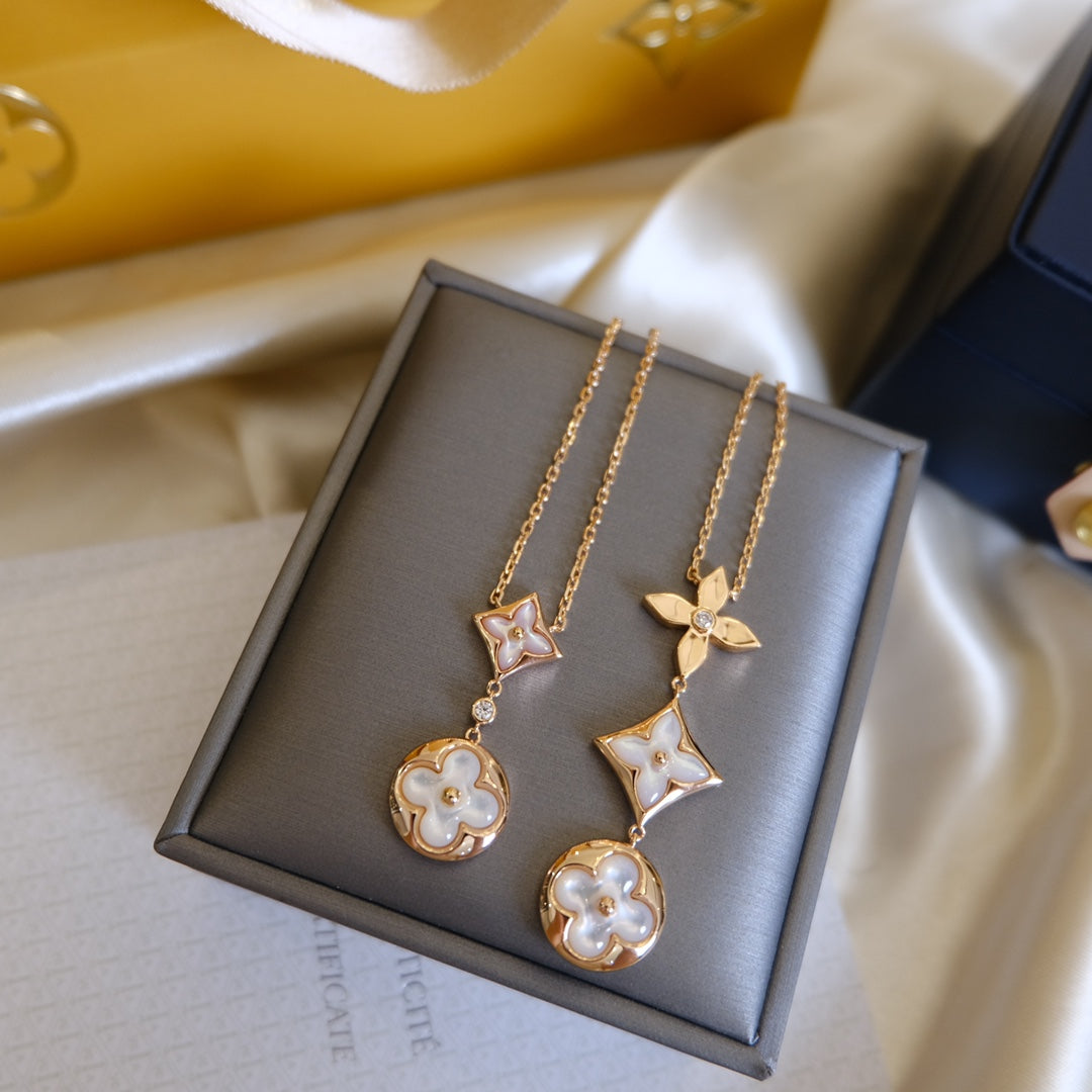 [CharmAmor]COLOR BLOSSOM LARIAT NECKLACE PINK GOLD WHITE MOTHER PEARL AND DIAMOND