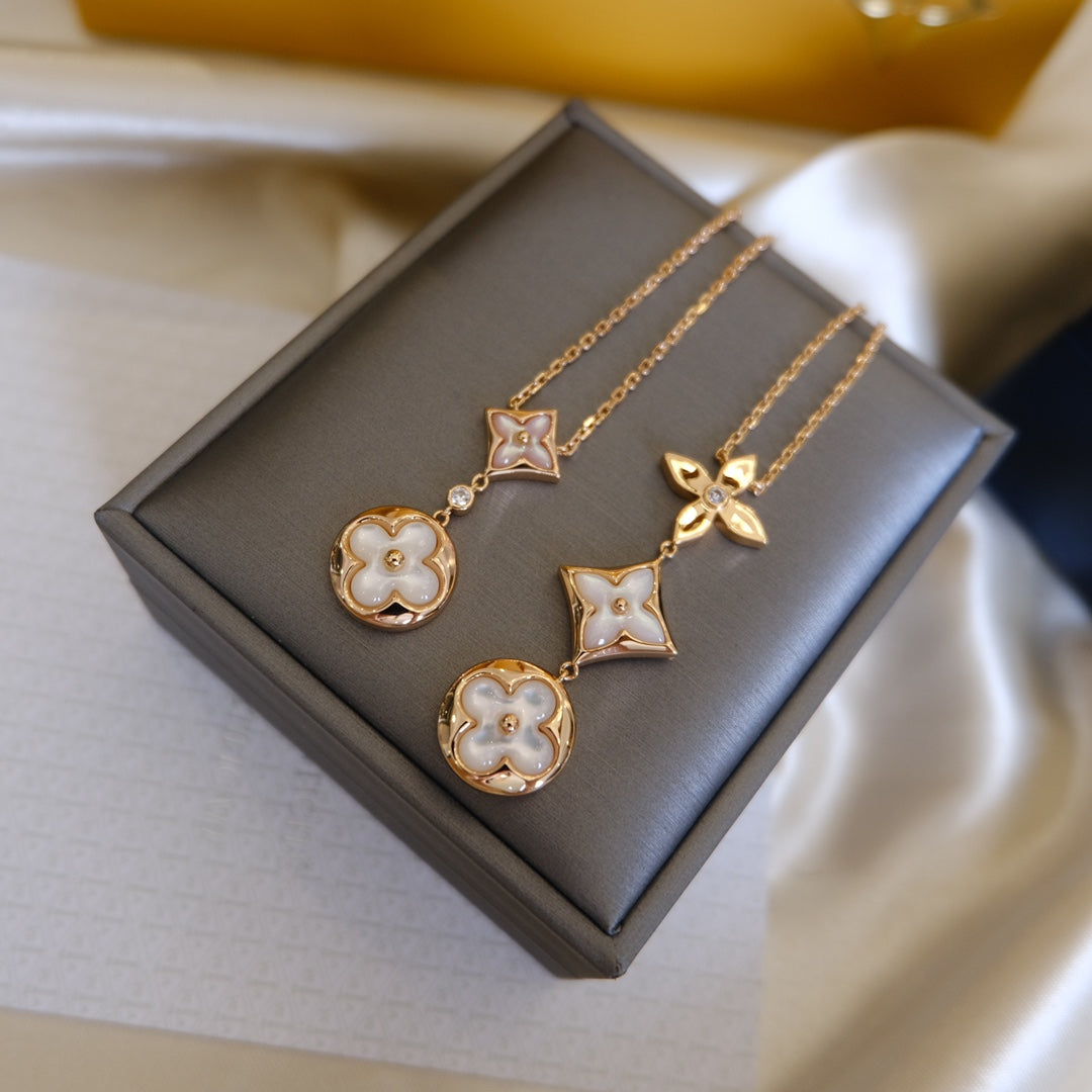 [CharmAmor]COLOR BLOSSOM LARIAT NECKLACE PINK GOLD WHITE MOTHER PEARL AND DIAMOND