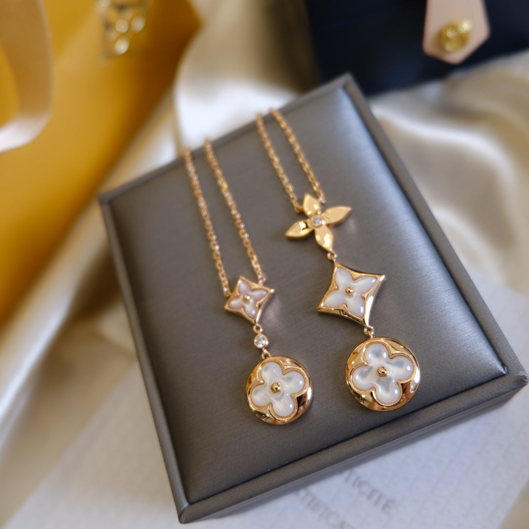 [CharmAmor]COLOR BLOSSOM LARIAT NECKLACE PINK GOLD WHITE MOTHER PEARL AND DIAMOND