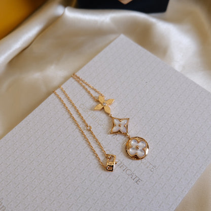 [CharmAmor]COLOR BLOSSOM LARIAT NECKLACE PINK GOLD WHITE MOTHER PEARL AND DIAMOND