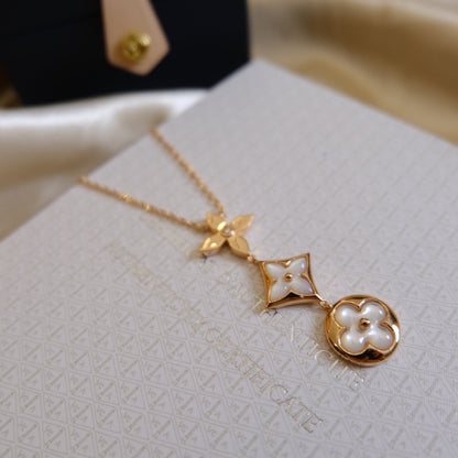 [CharmAmor]COLOR BLOSSOM LARIAT NECKLACE PINK GOLD WHITE MOTHER PEARL AND DIAMOND
