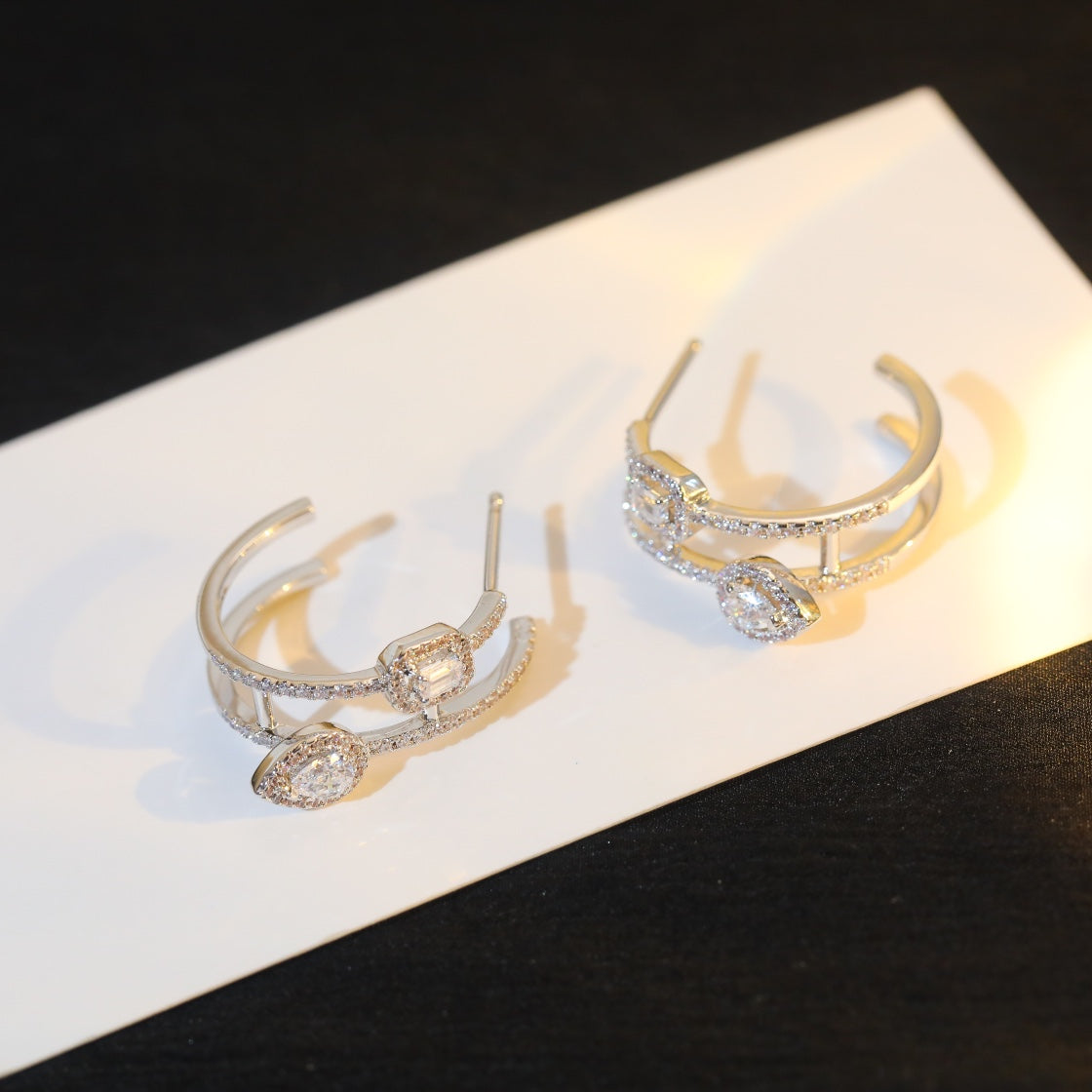 [CharmAmor]CREOLES MY TWIN 2 RANGS SILVER DIAMOND EARRINGS
