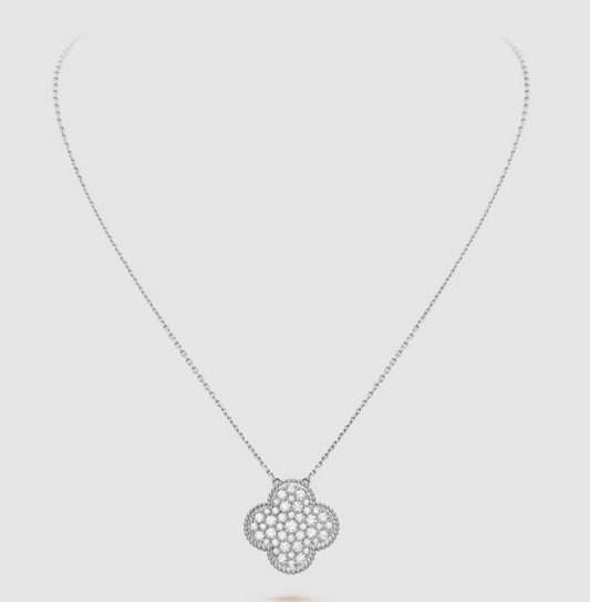 [CharmAmor]CLOVER 25MM LARGE PENDANT DIAMOND PAVED SILVER NECKLACE