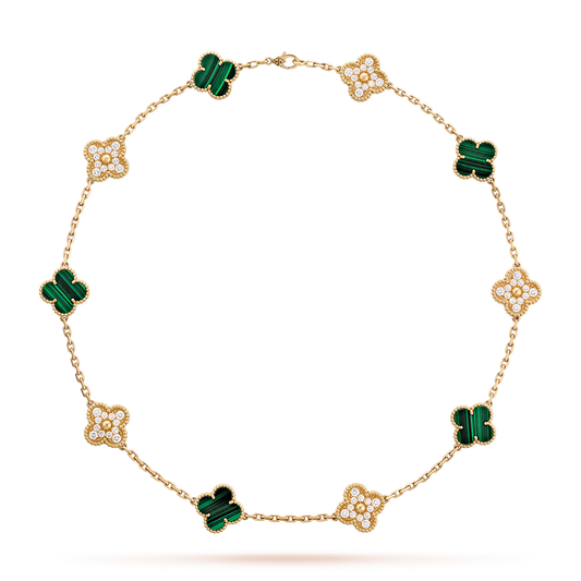 [CharmAmor]CLOVER 10 MOTIFS MALACHITE DIAMOND NECKLACE