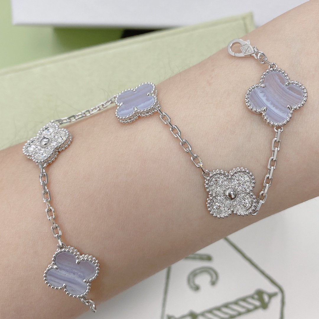 [CharmAmor]CLOVER  5 MOTIF DIAMOND PURPLE CHALCEDONY BRACELET SILVER