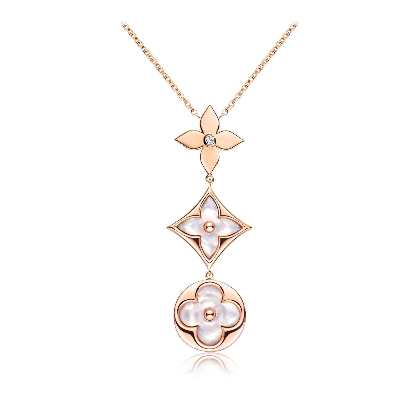 [CharmAmor]COLOR BLOSSOM LARIAT NECKLACE PINK GOLD WHITE MOTHER PEARL AND DIAMOND