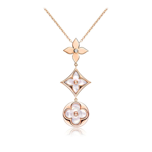 [CharmAmor]COLOR BLOSSOM LARIAT NECKLACE PINK GOLD WHITE MOTHER PEARL AND DIAMOND