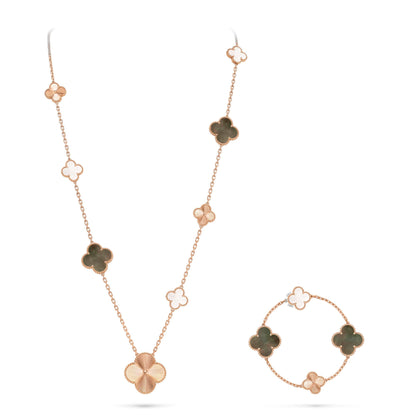 [CharmAmor]DETACHABLE CLOVER 15(11+4) FLOWER ROSE GOLD NECKLACE SET
