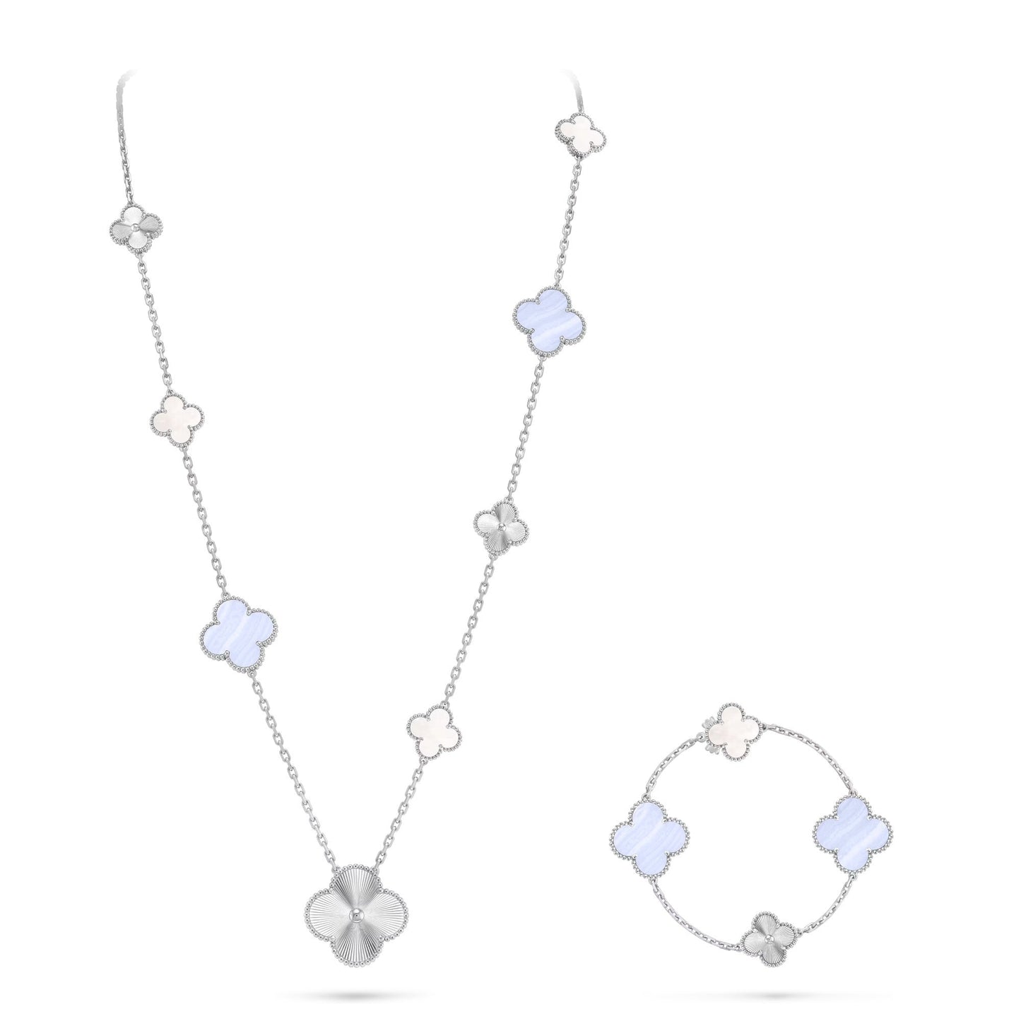 [CharmAmor]DETACHABLE CLOVER 15(11+4) FLOWER SILVER NECKLACE SET
