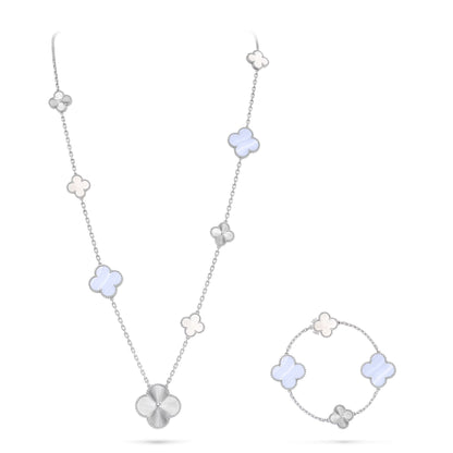 [CharmAmor] DETACHABLE CLOVER 15(11+4) FLOWER SILVER NECKLACE SET