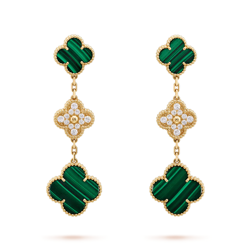 [CharmAmor]CLOVER EARRINGS GOLD MALACHITE DIAMOND 3 MOTIF