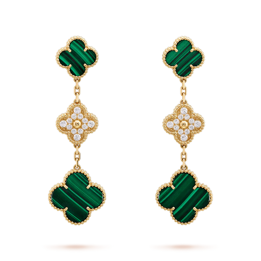 [CharmAmor]CLOVER EARRINGS GOLD MALACHITE DIAMOND 3 MOTIF
