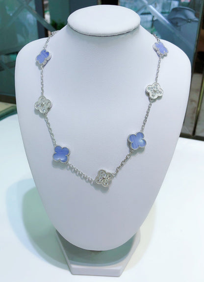 [CharmAmor]CLOVER 10 MOTIFS CHALCEDONY DIAMONDS SILVER NECKLACE