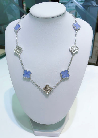 [CharmAmor]CLOVER 10 MOTIFS CHALCEDONY DIAMONDS SILVER NECKLACE
