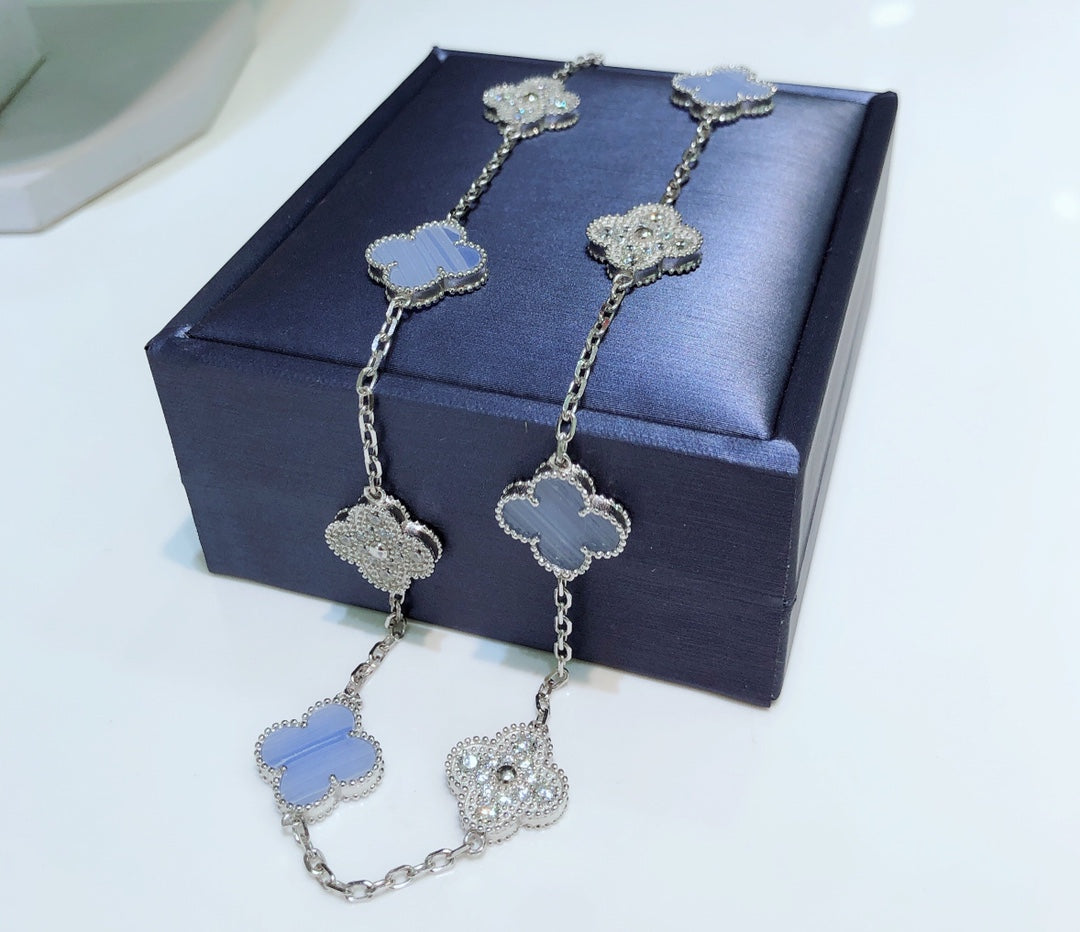 [CharmAmor]CLOVER 10 MOTIFS CHALCEDONY DIAMONDS SILVER NECKLACE