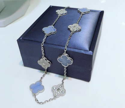 [CharmAmor]CLOVER 10 MOTIFS CHALCEDONY DIAMONDS SILVER NECKLACE