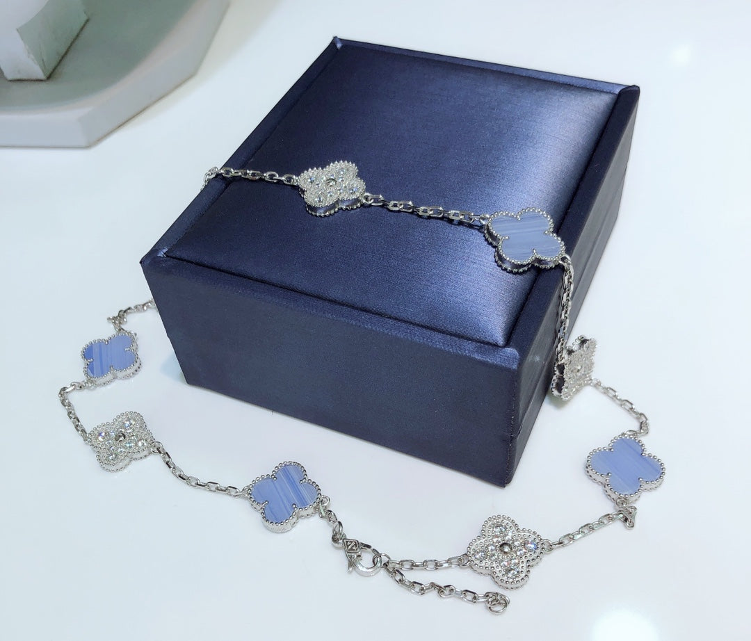 [CharmAmor]CLOVER 10 MOTIFS CHALCEDONY DIAMONDS SILVER NECKLACE