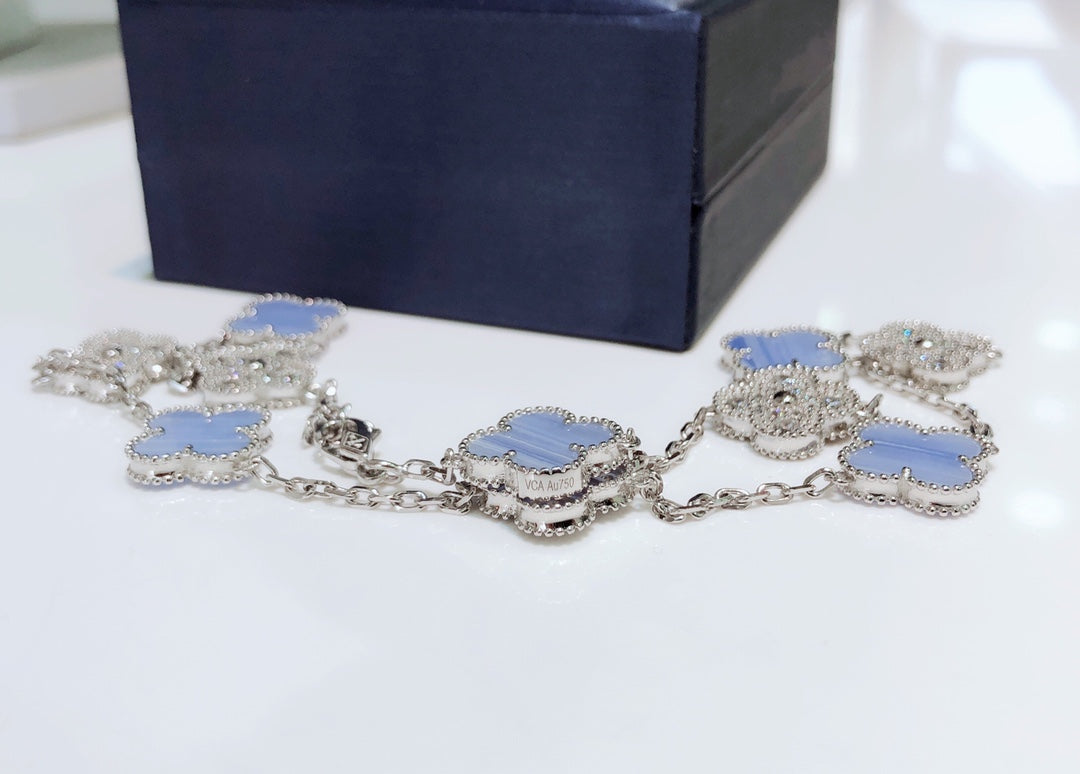 [CharmAmor]CLOVER 10 MOTIFS CHALCEDONY DIAMONDS SILVER NECKLACE